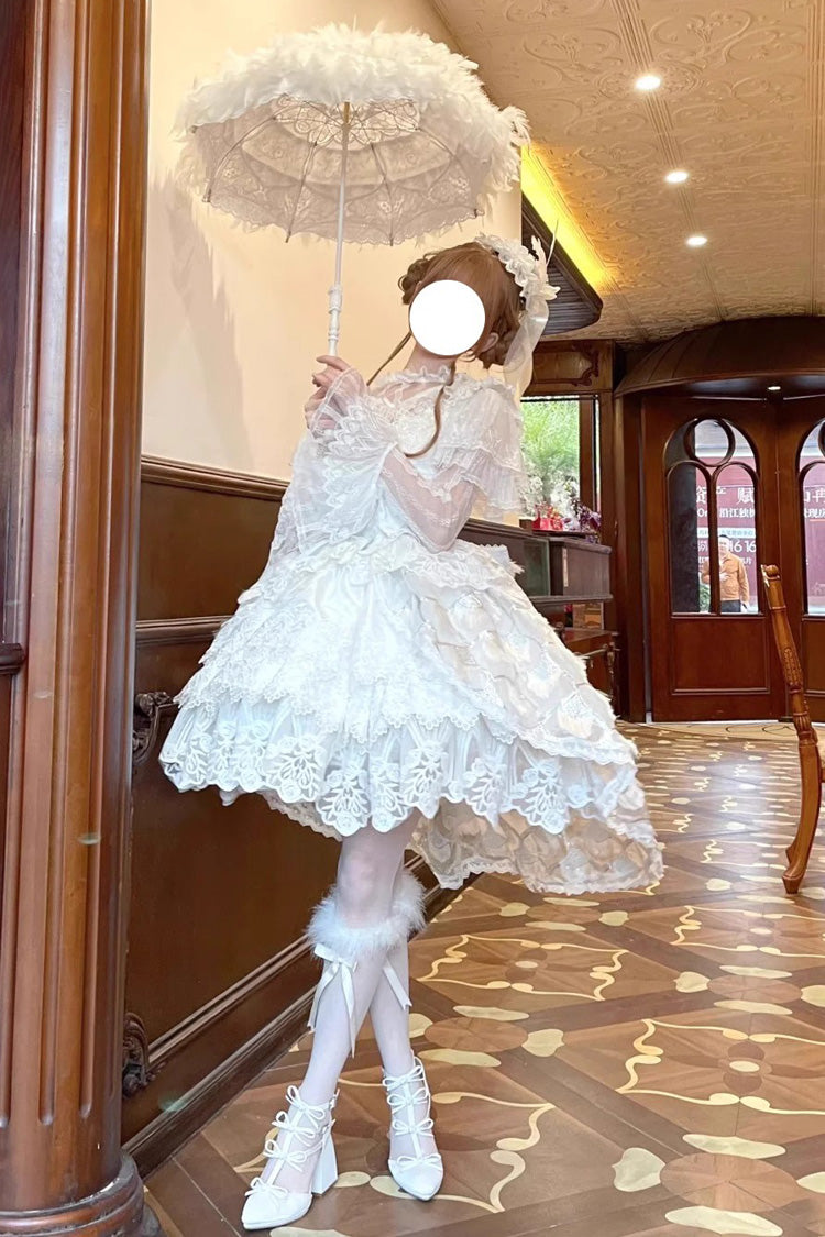 Ivory Peacock Feather Multi-Ruffle Bridal Cardigan Bow Lace Lolita JSK Set