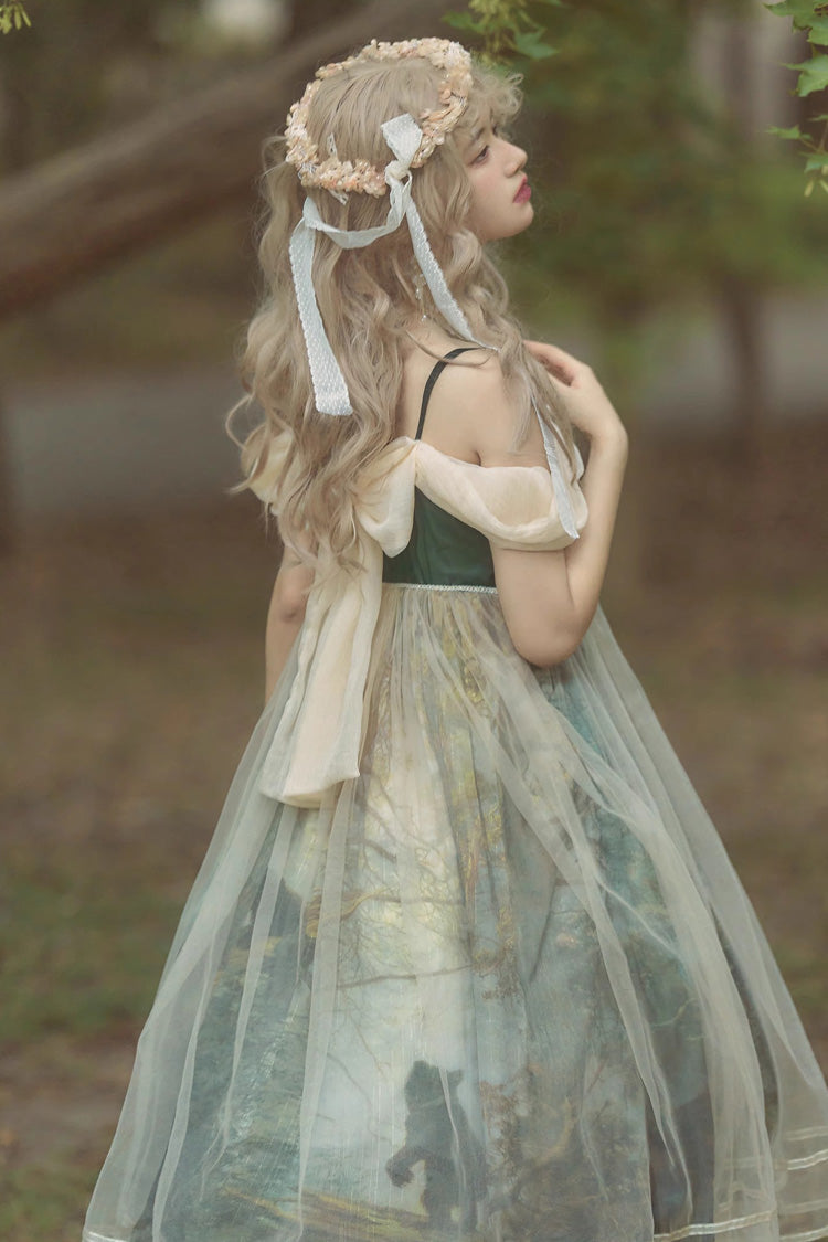 Green V-Neck Morning in Pine Forest Printed Sweet Lolita Jumper Dress