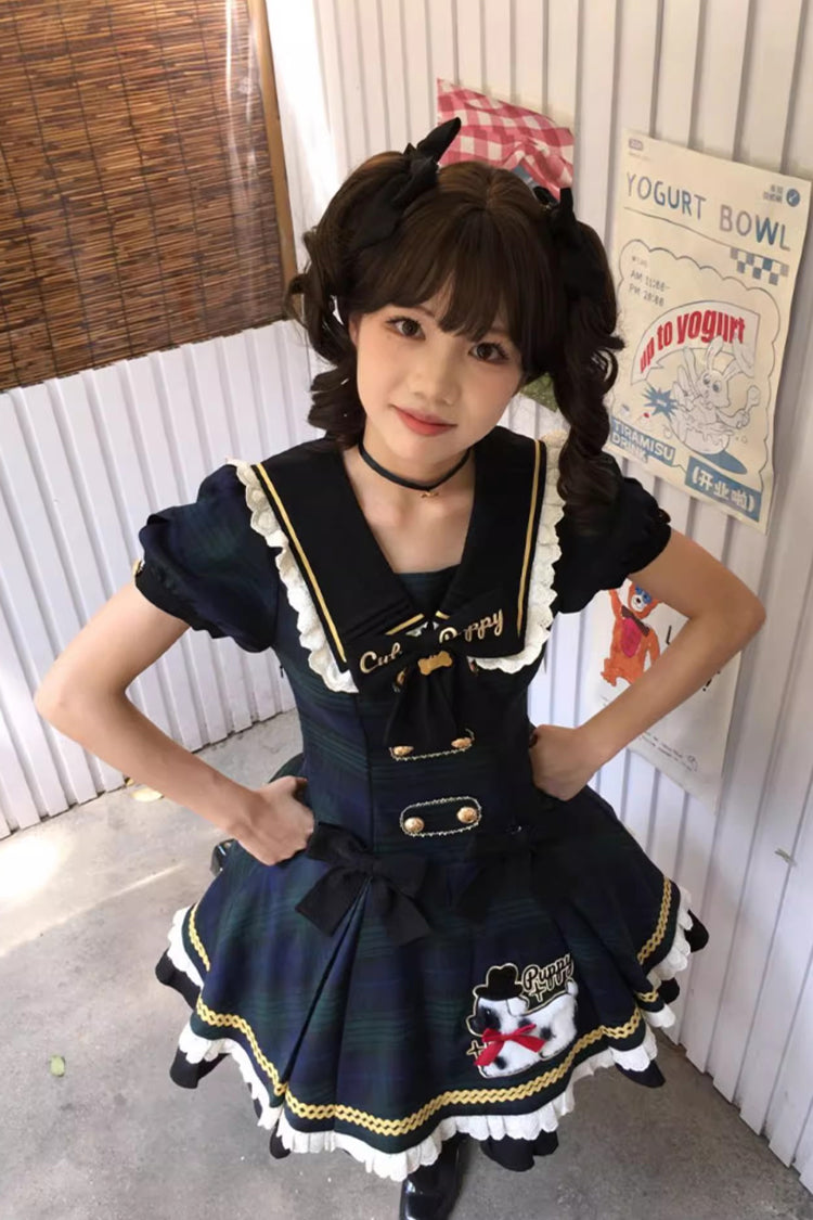 Blue Dalmatian Short Sleeves Print Ruffle Bowknot Slim Sweet Lolita Dress