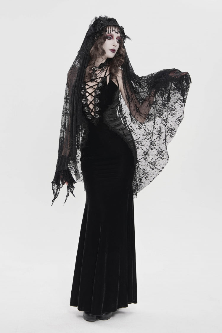 Off Shoulder Sleeveless Spliced Lace-Up Slim Pleated Gothic Jsk Dress