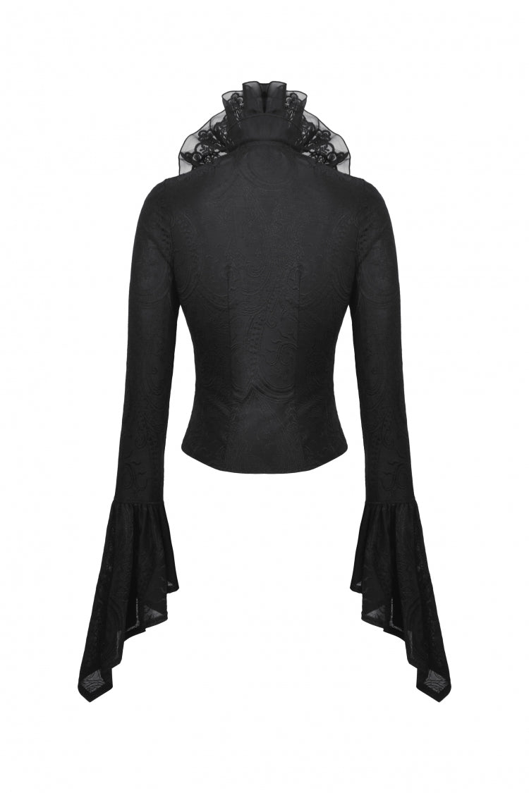 Ruffled V Stand Collar Long Flared Sleeve Jacquard Gothic Blouse for Women Lace
