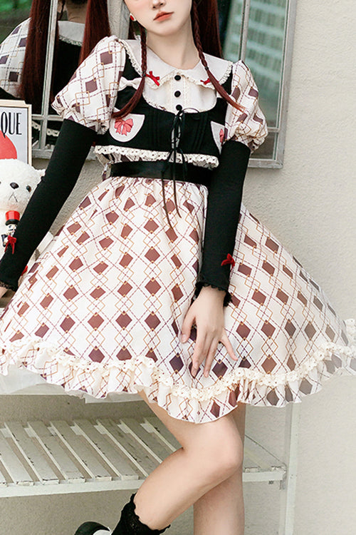 Pink Plaid OP Dress with Bubble Sleeves and Vest
