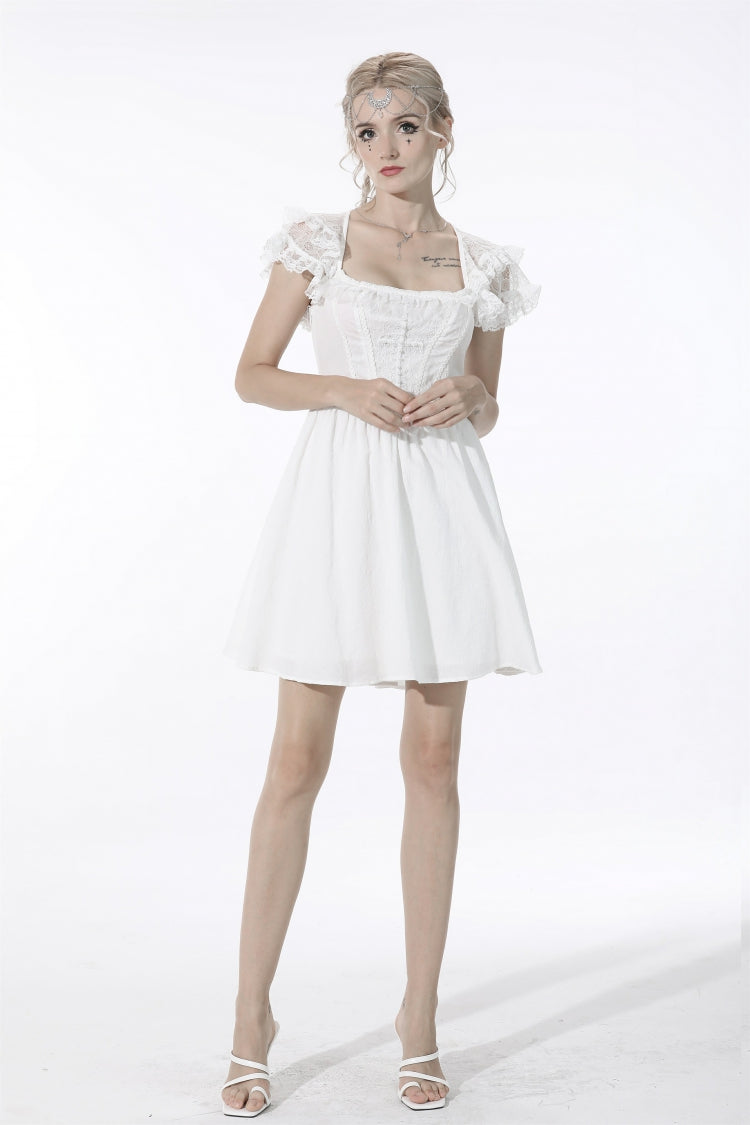 White Layered Lace Square Collar Strappy Gothic Mini Dress