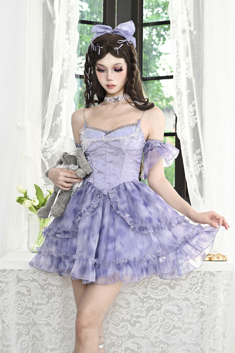 Teal Tie-Dyed Print Two-Piece Sweet Princess Jumper Dress with Lace