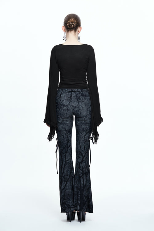 Gothic Bellbottom Pants with Branch Printing and Forest Motif