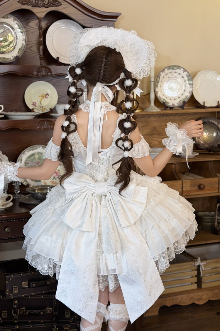 Ivory Ballet Pearl Square Neck Sleeveless Tiered Ruffle Bow Lace-Up JSK