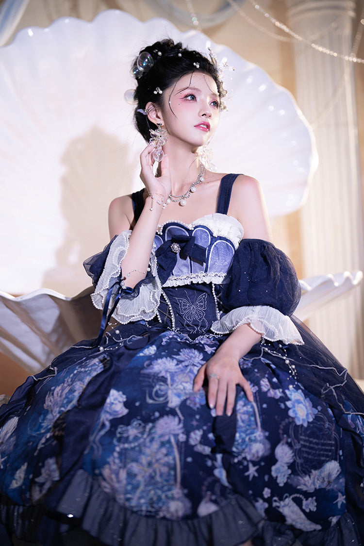Blue Print Ruffle Lace Sweet Elegant Lolita Jsk Dress