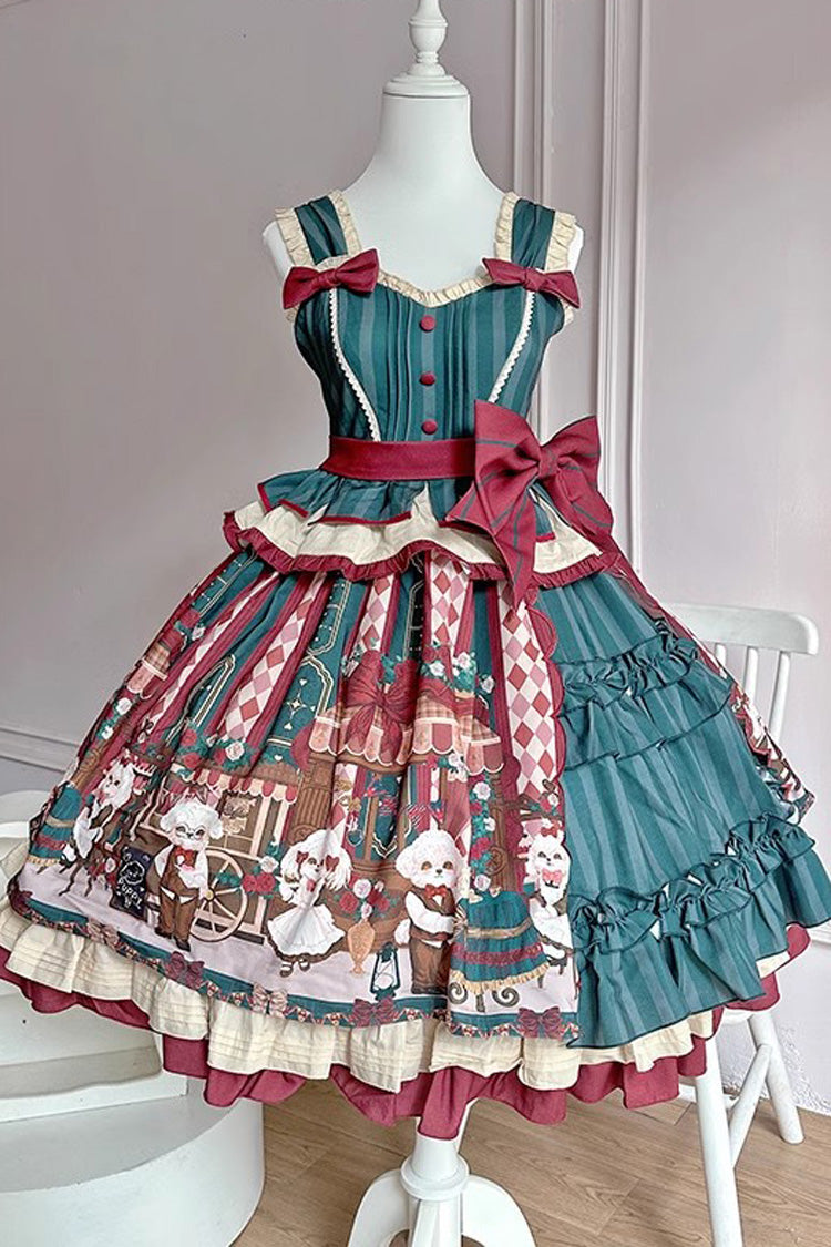 Puppy Cafe Sweet Lolita Dress with Print and Bowknot Details