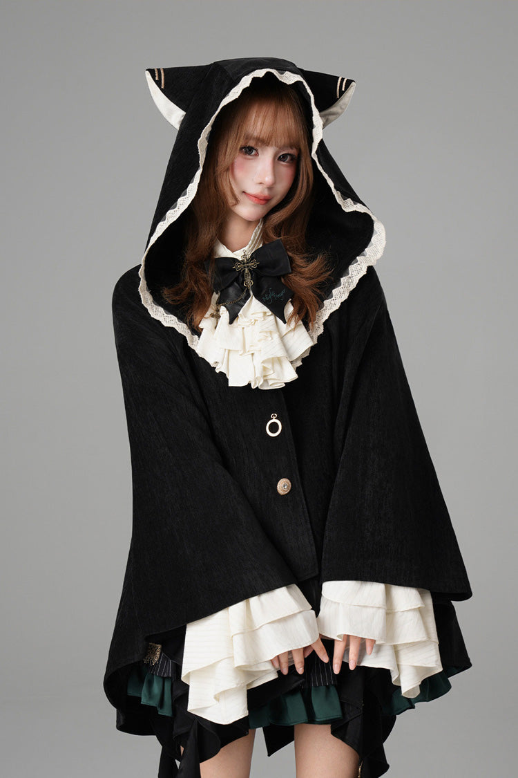 Hooded Cat-Ear Magic Cloak Coat in Black