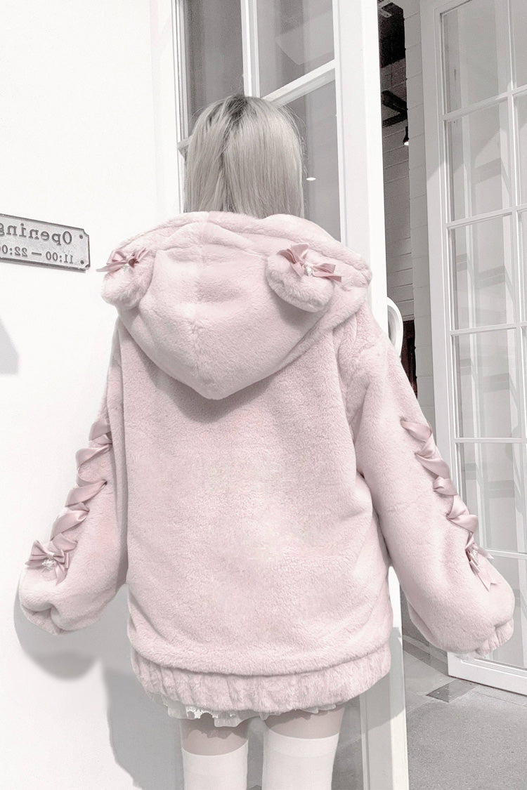 Sleepy Bear Fluffy Japanese Jirai Kei Coat with Bow and Lace-Up