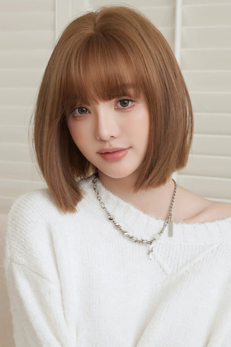 Japanese-Style Roasted Brown Short Wig with Full Bangs for Sweet Lolita