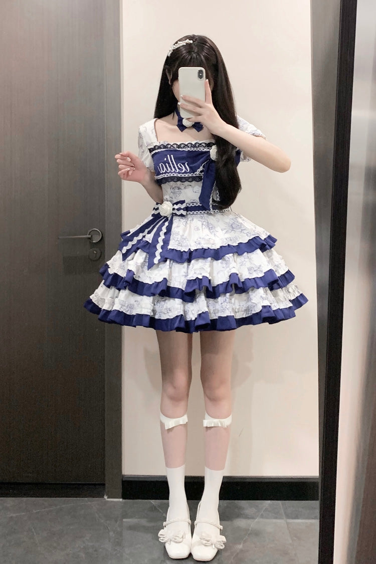 Cerulean and Ivory Porcelain Print Multi-Layer Ruffle Embroidery Bow Sweet Lolita Dress