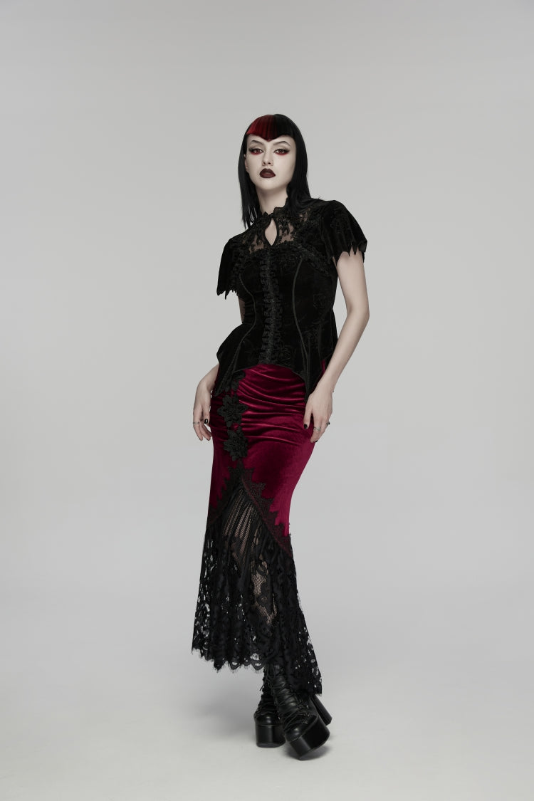 Crimson & Noir Embroidered Lace Fishtail Velvet Skirt with Slim Fit