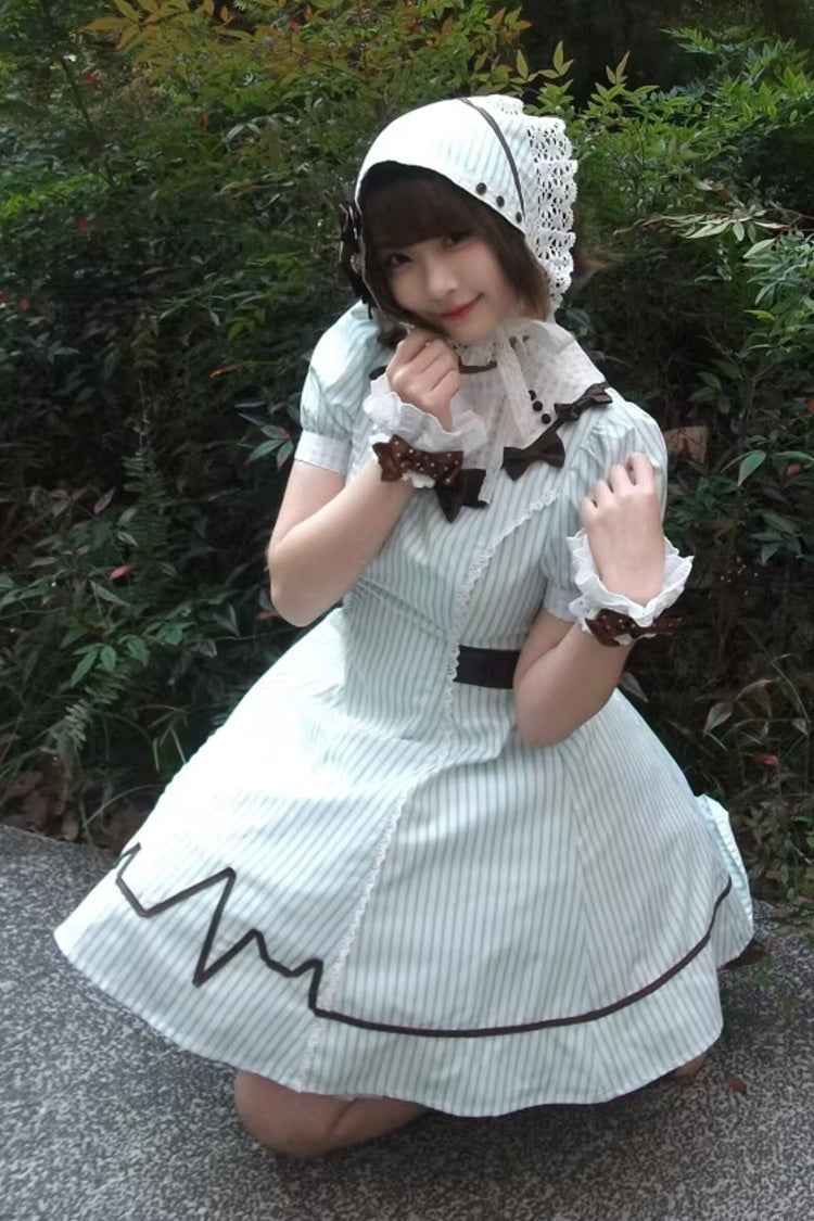 Green Striped Bow Nurse Lolita Stand-Collar