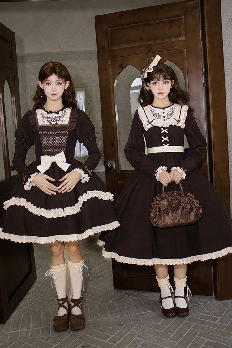Brown Ruffled Bouquet Embroidered Sweet Lolita Dress - Miss Brown