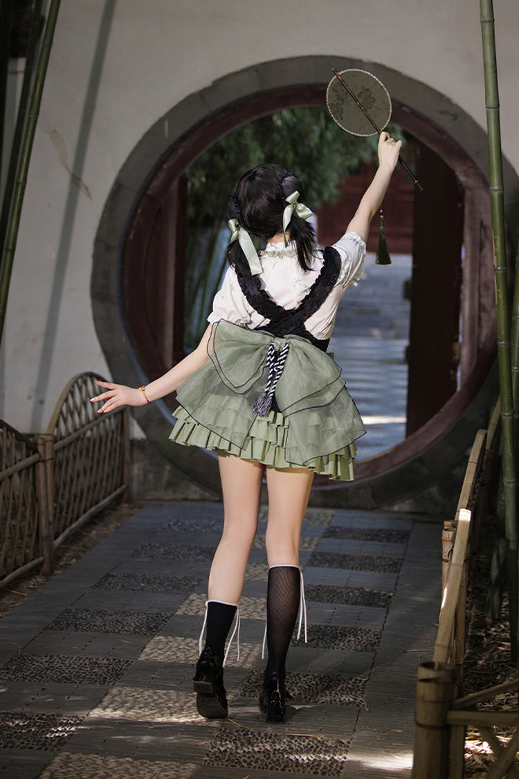 Bamboo Leaves Print Ruffle Bowknot Chinese Lolita Skirt Set