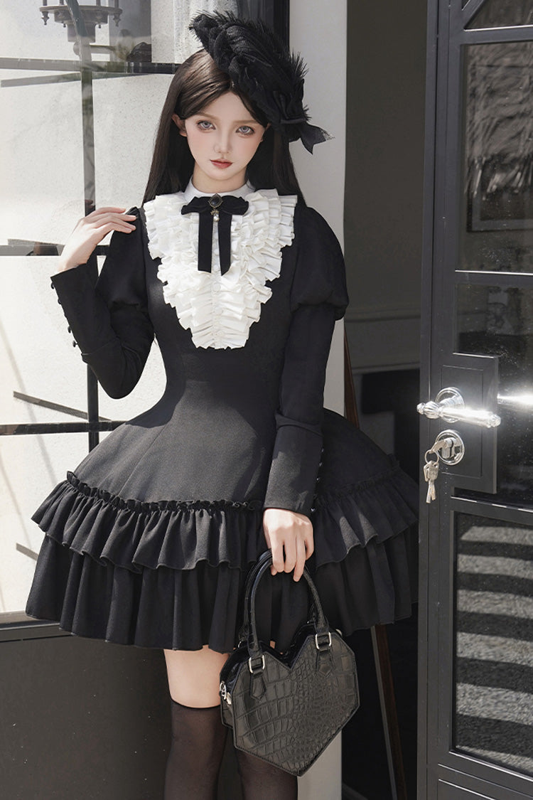 Black Miss Weir Stand Collar Long Sleeved Double-Layered Ruffled Gothic Dress