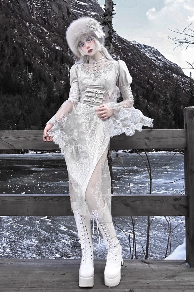 Silver High-Waisted V-Neck Long Sleeve Lace Ruffle Gothic Fishtail Dress - The Call of the Snow Country