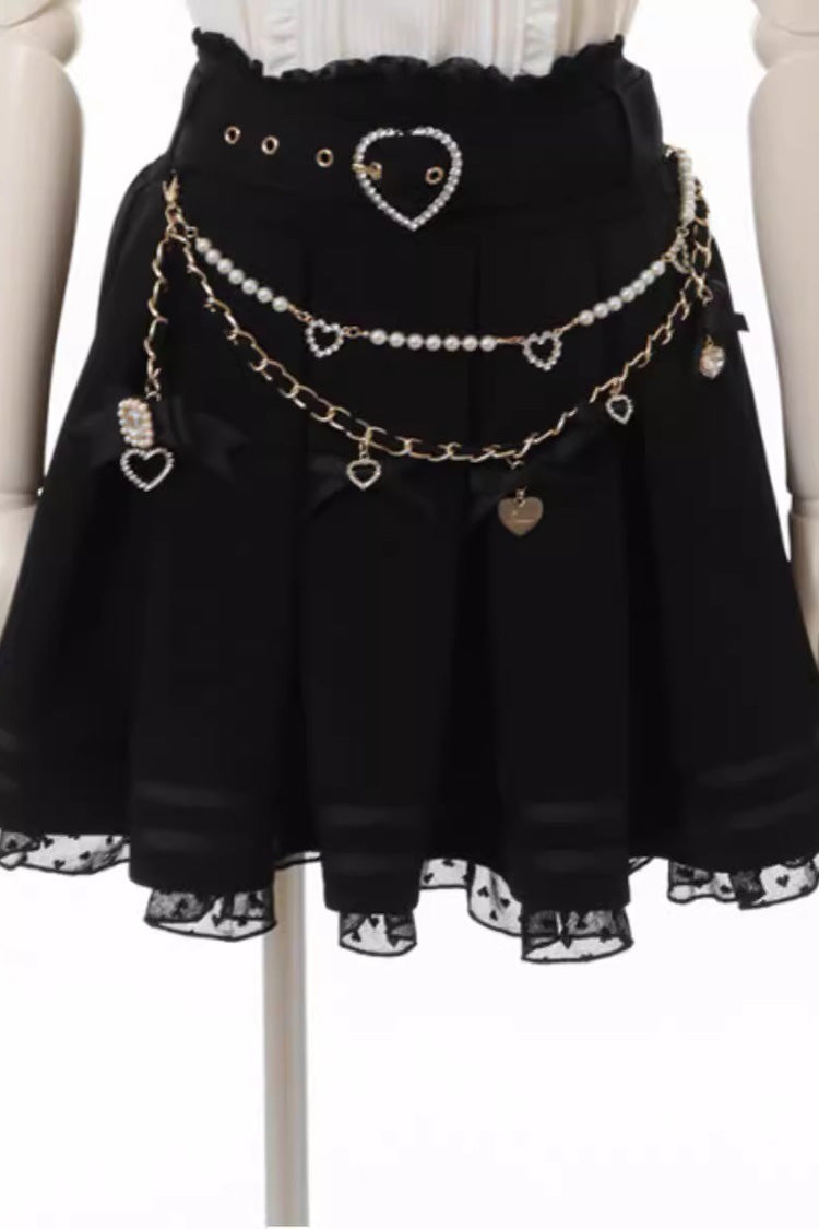 Pretty Heart-Belt Printed Ruffled Pearl and Chain Decorated Plus-Size Pleated Skirt
