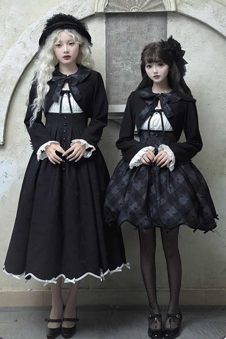 Black Short Sleeve Plaid Print Sweet Elegant Princess Dress Short - Swan