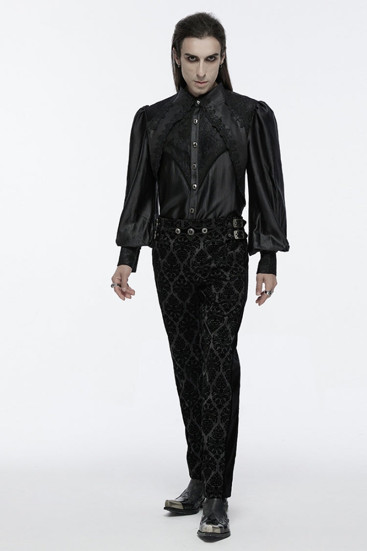 Jet-Black Gothic Shirt with Puffed Sleeves and Lace Panels for Men