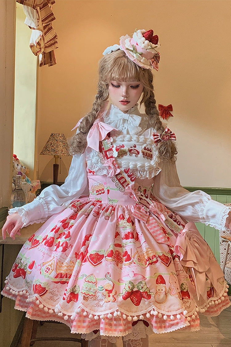 Mint Strawberry Dessert Printed Natural Waist Sweet Lolita JSK Dress - Ruffled