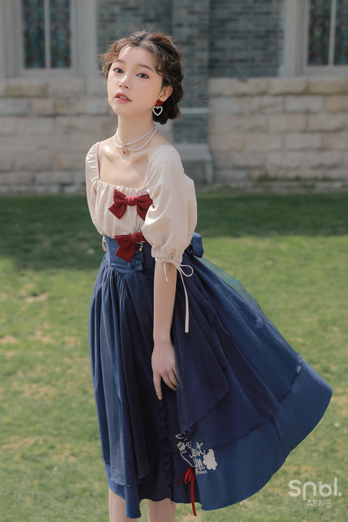 Azure Bubble-Sleeve High-Waist Sweet OP Gown with Snow White Motif
