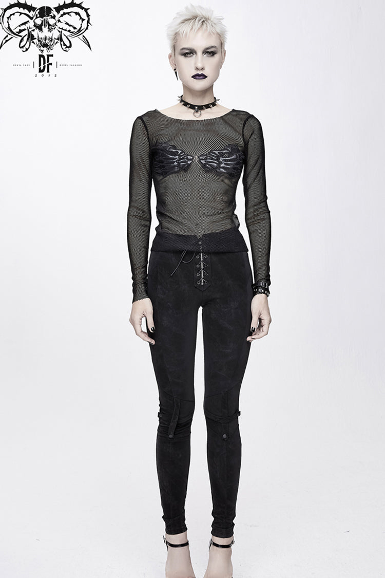Charcoal Crewneck Chest Skull Palm Long-Sleeve Mesh Shirt for Women