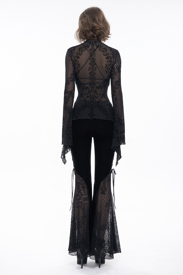 Midnight Velvet Lace Flared-Sleeve Gothic Tee with Metal Accents