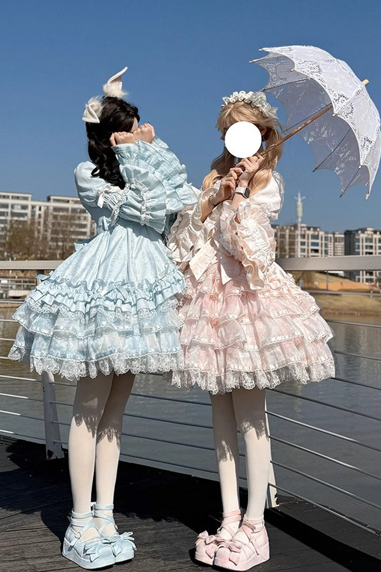 Pink Soloist Doll Long Hime Sleeve Multi-Layer Print Ruffle Bow Asymmetrical Sweet Lolita