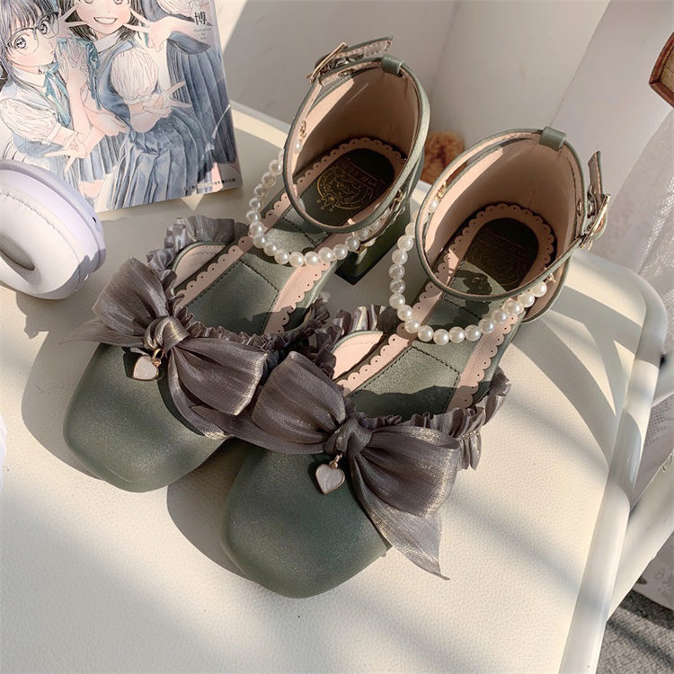 Sweet Lolita Footwear with Bow, Lace, and Pearl Accents in 4 Colors