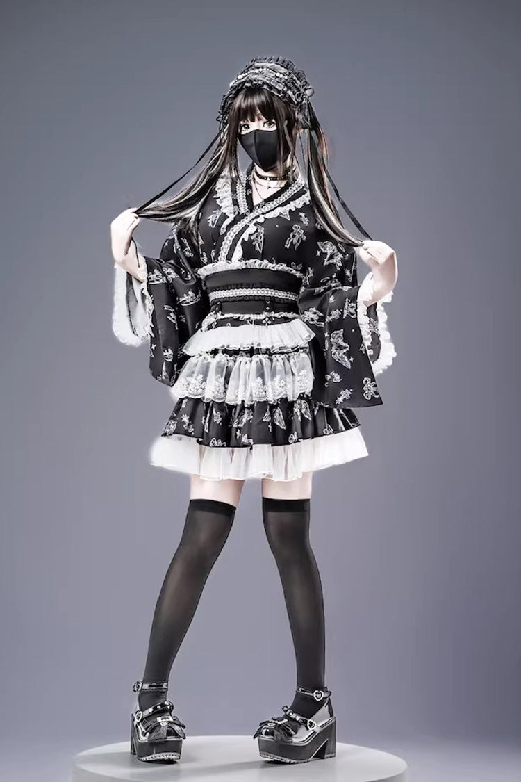 Studded Ruffled Lace Print Gothic Jirai Top and Skirt Set in Three Shades