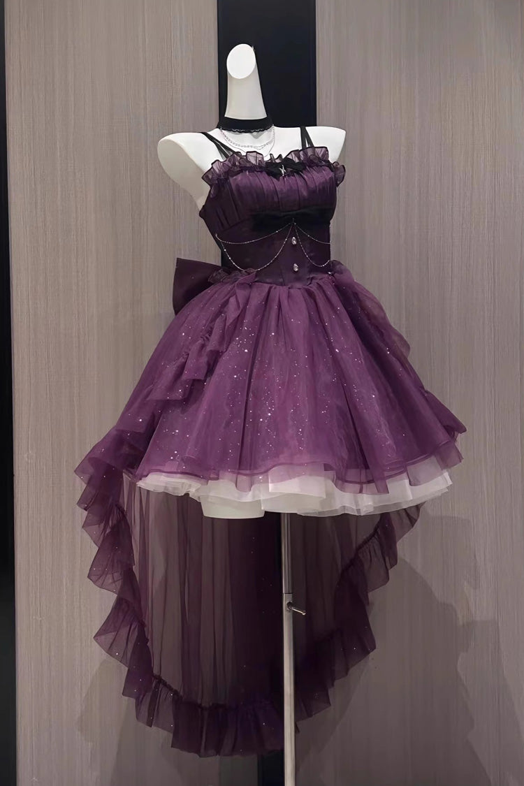 Grape Shimmer Bow Irregular Princess Jumper Dress with Train