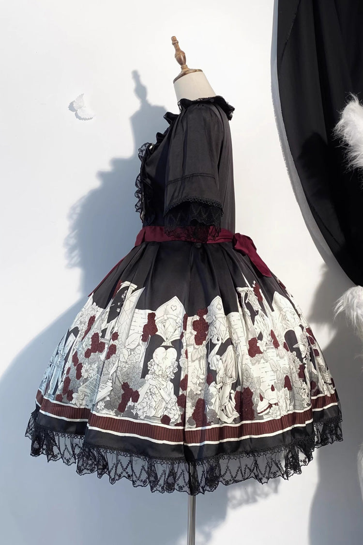 Black Alice of the Asylum Print Bow Lace Gothic Lolita Dress Two Versions