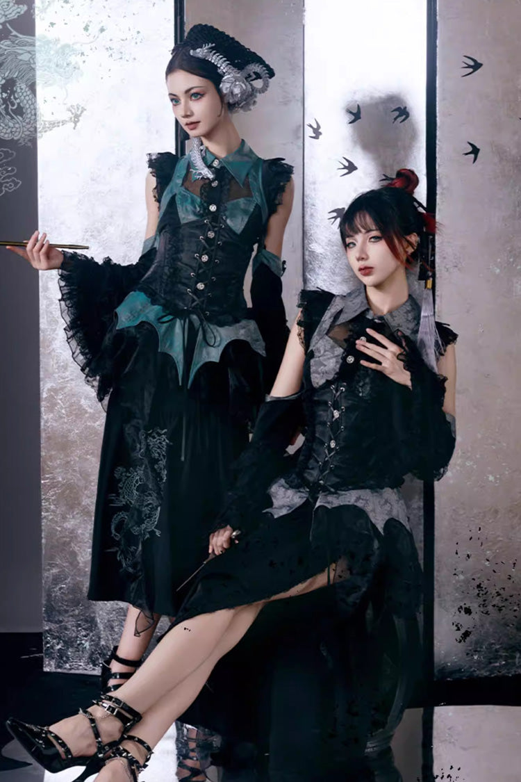 Sky Dragon Chinese Gothic Lolita Embroidered Skirt Set with Print
