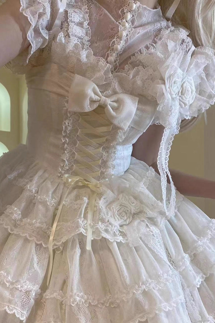 Ivory Moonlight Sleeveless Ruffle Bow Lace Sweet Lolita JSK