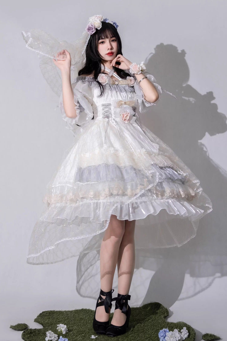Long Sleeve Multi-Layer Ruffle Bow Lace Lace-Up Sweet Princess Lolita Dress - Grey Blue