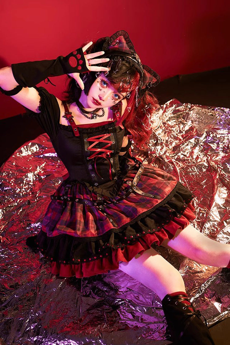 Black Red Print Ruffle Lace Up Gothic Japanese Princess Jsk Dress