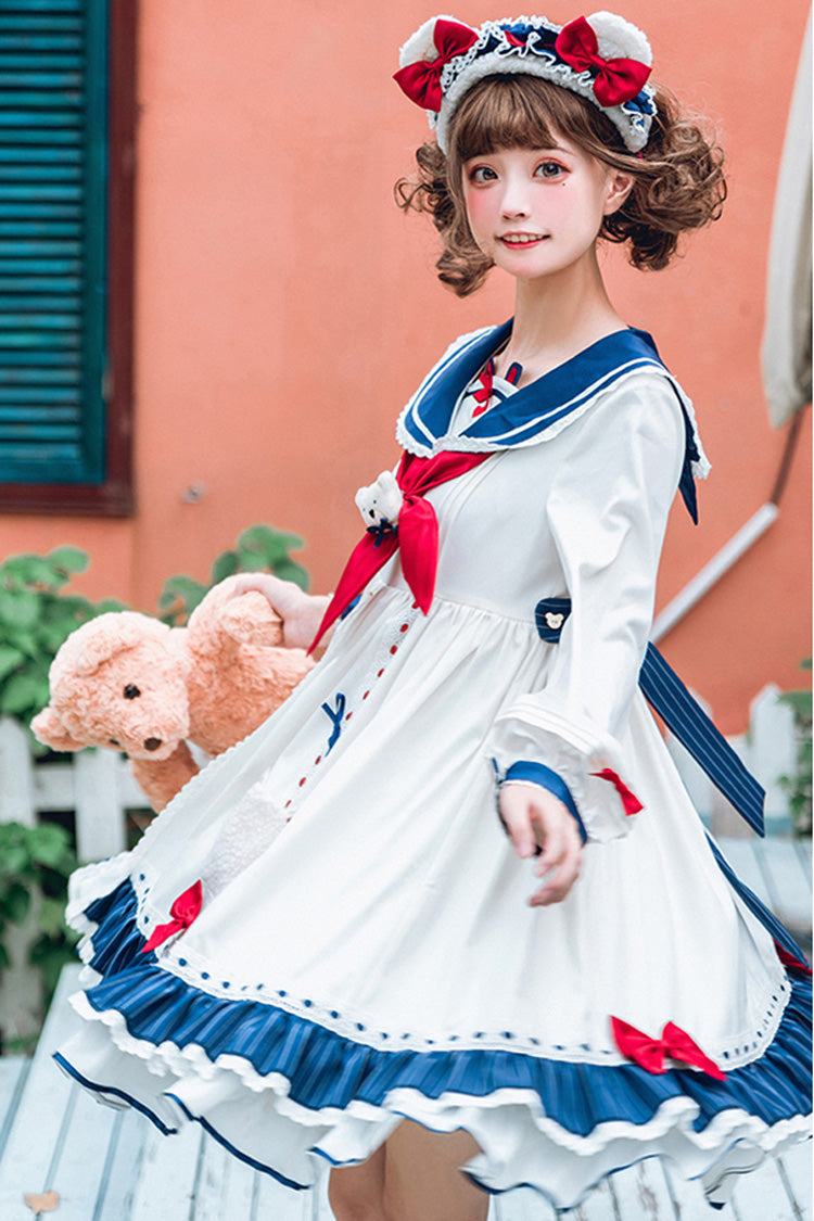White Sweet Lolita OP Dress with Navy Collar and Bear Print Ruffles - Altfashion Shop