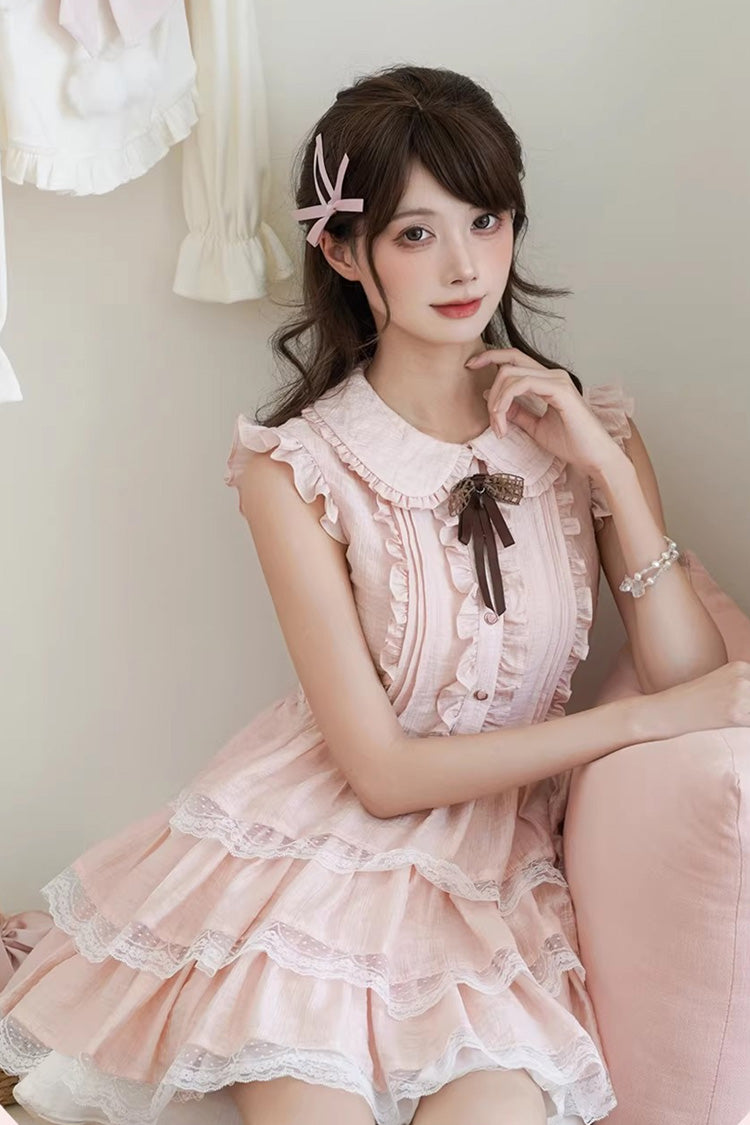 Pink Triple-Ruffle Lace Dress with Bow Accent
