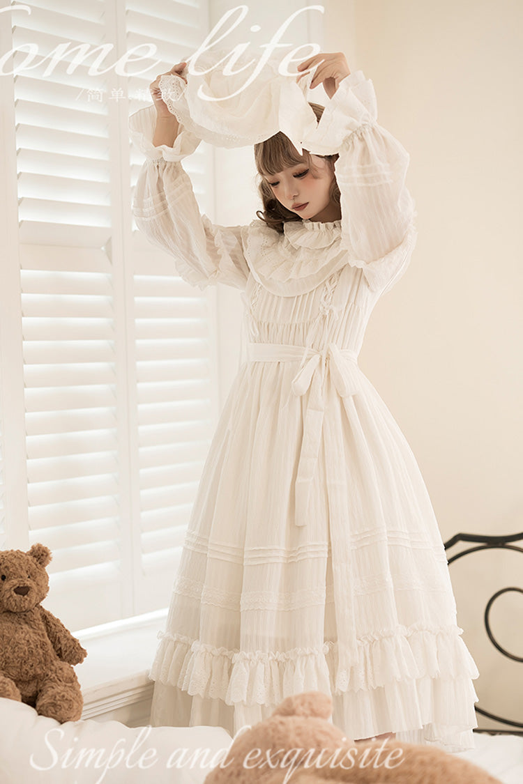 Ivory Long Sleeve Double Ruffle Bow Lace-Up Holy Dress