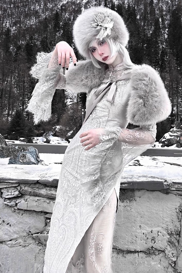 Silver High-Waisted V-Neck Long Sleeve Lace Ruffle Gothic Fishtail Dress - The Call of the Snow Country