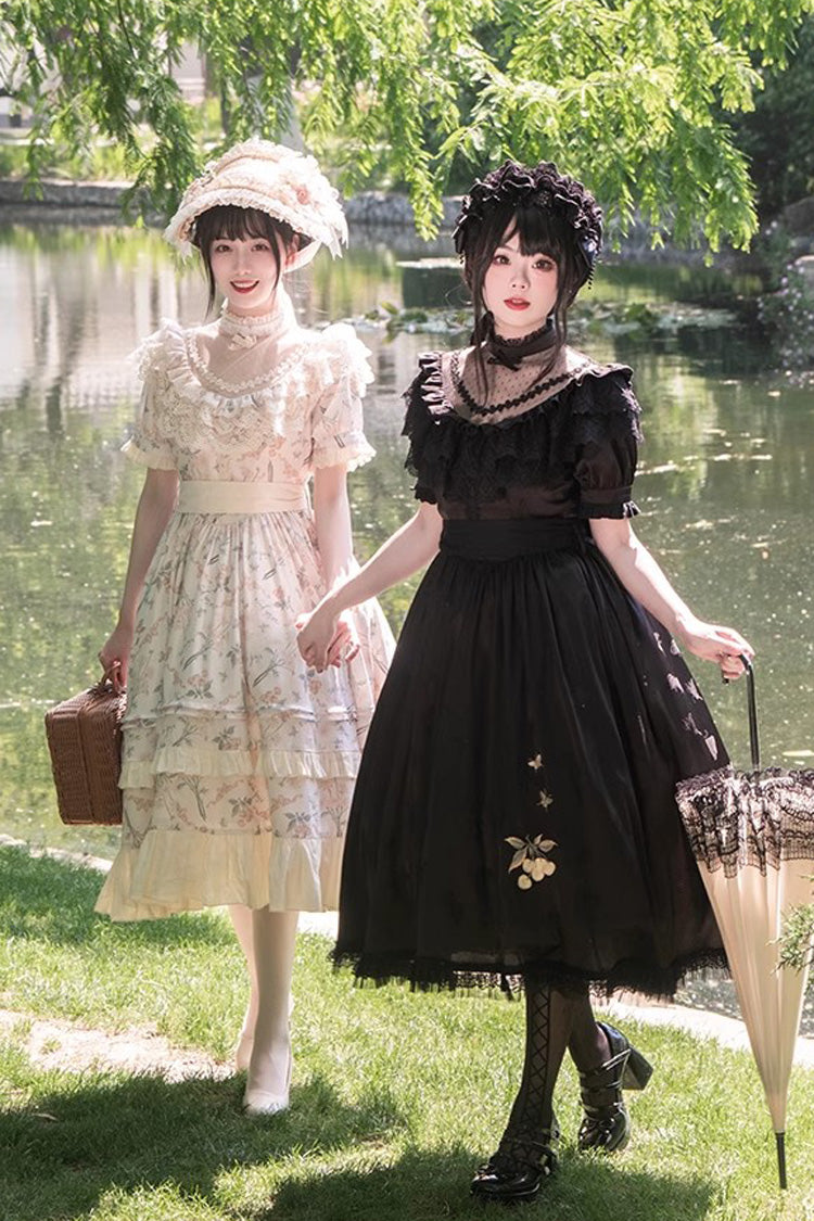 Black Daisy Print Gothic Dress with Cherry Embroidery
