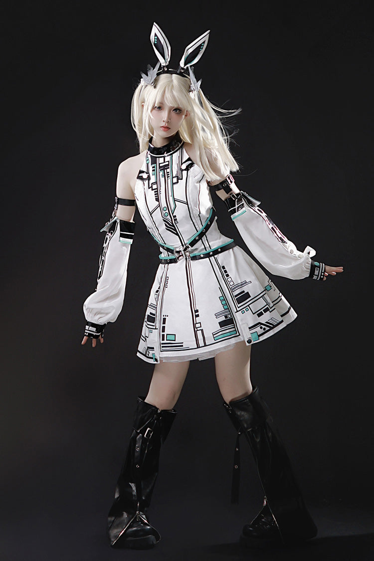 Stand Collar Print Futuristic Style Sweet Handsome Lolita Dress - White
