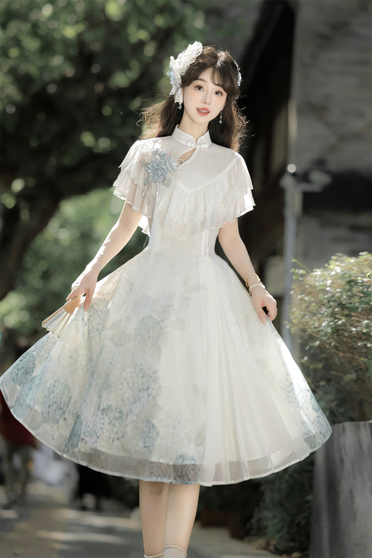 Ivory Print Ruffle Lace Chinese Elegant Short Dress