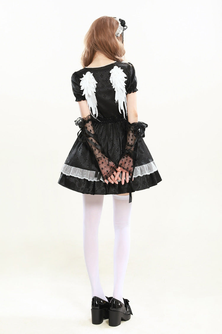 Night Alley Angel Lapel Collar Short Sleeves Jacquard Ruffled Lace Gothic Lolita Dress - Black