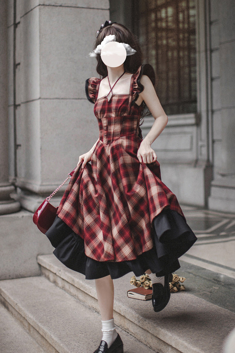Red Madeline Print Ruffled Vintage Elegant Jumper Dress