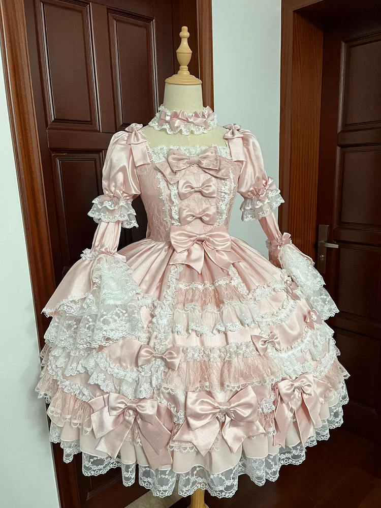 Lolita High Bow Pink Dress Sweet with Waist Accents Detachable Sleeves Princess