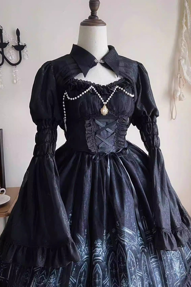 Black Sleeveless Silent Night Print Ruffle Gothic Jsk Dress