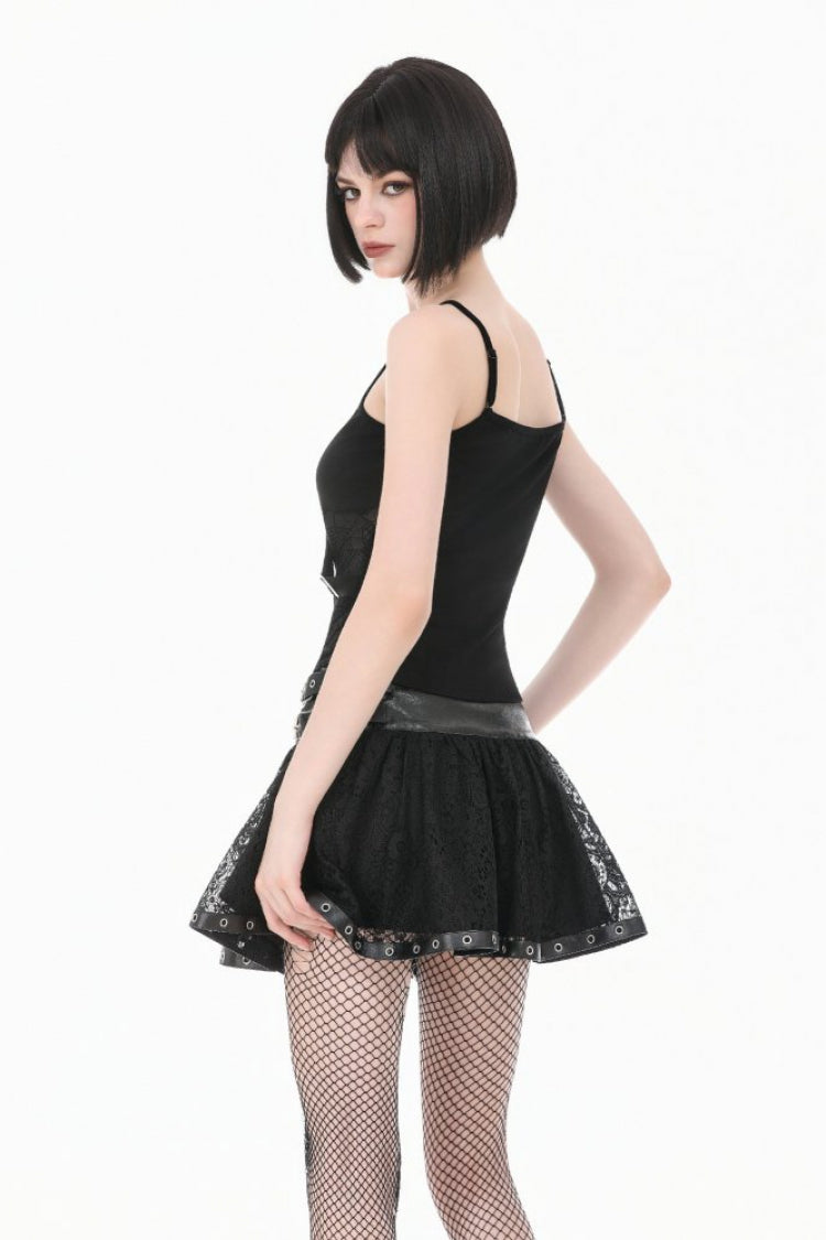 Gothic Mini Skirt with Chain Eyelet Buckled Straps Lace